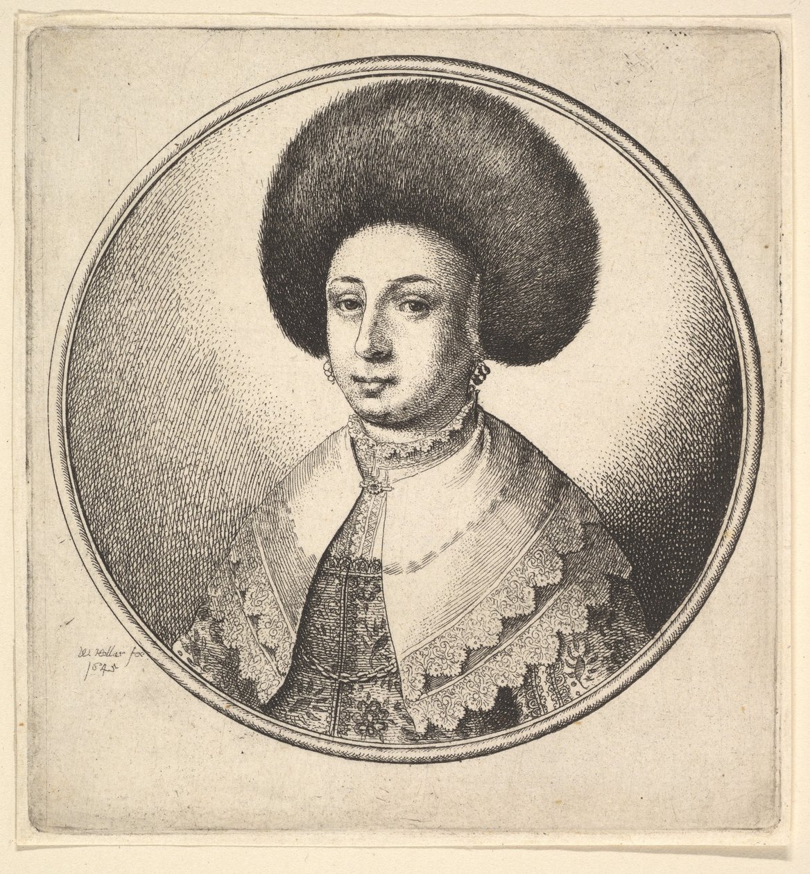 Kvinde med stor cirkulær pelshat og øreringe, 1645. af Wenceslaus Hollar