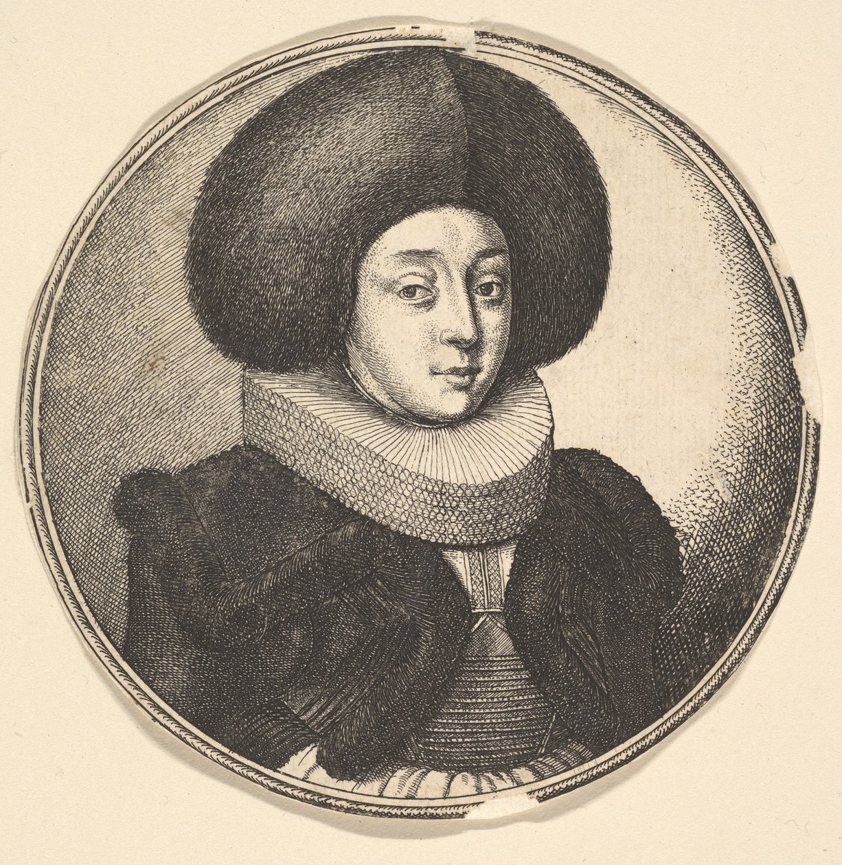 Kvinde med stor cirkulær pelshue og kniplinger, 1645. af Wenceslaus Hollar