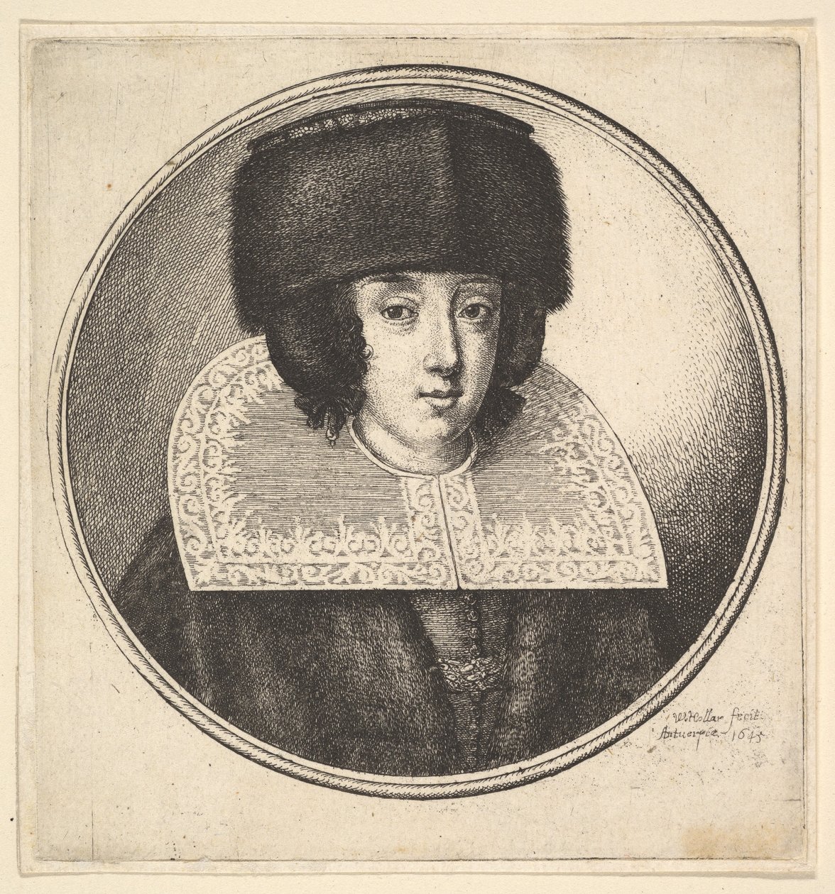 Kvinde med stiv blondekrave og fladkronet pelshat, 1645. af Wenceslaus Hollar