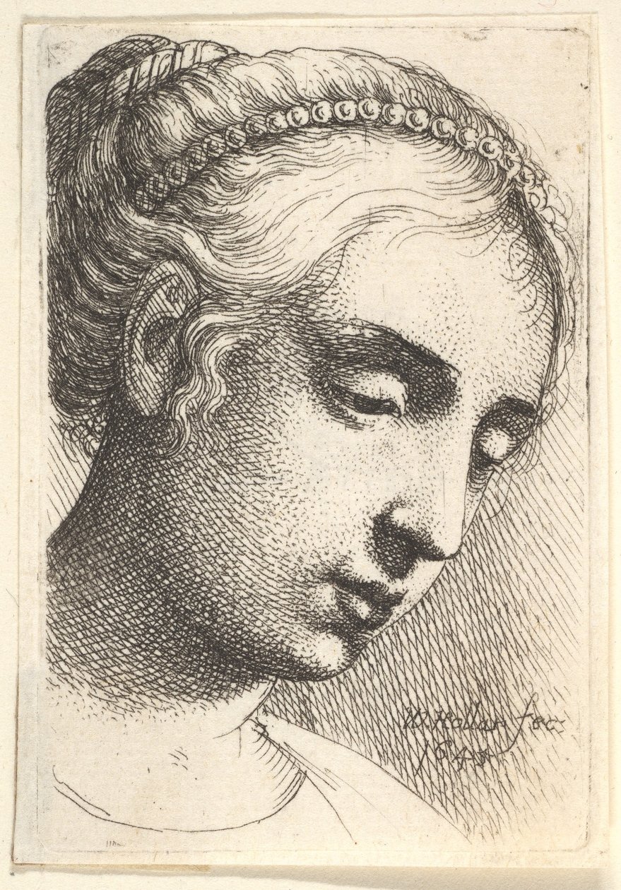 Kvinde med perlestreng i håret ser nedad til højre, 1645. af Wenceslaus Hollar