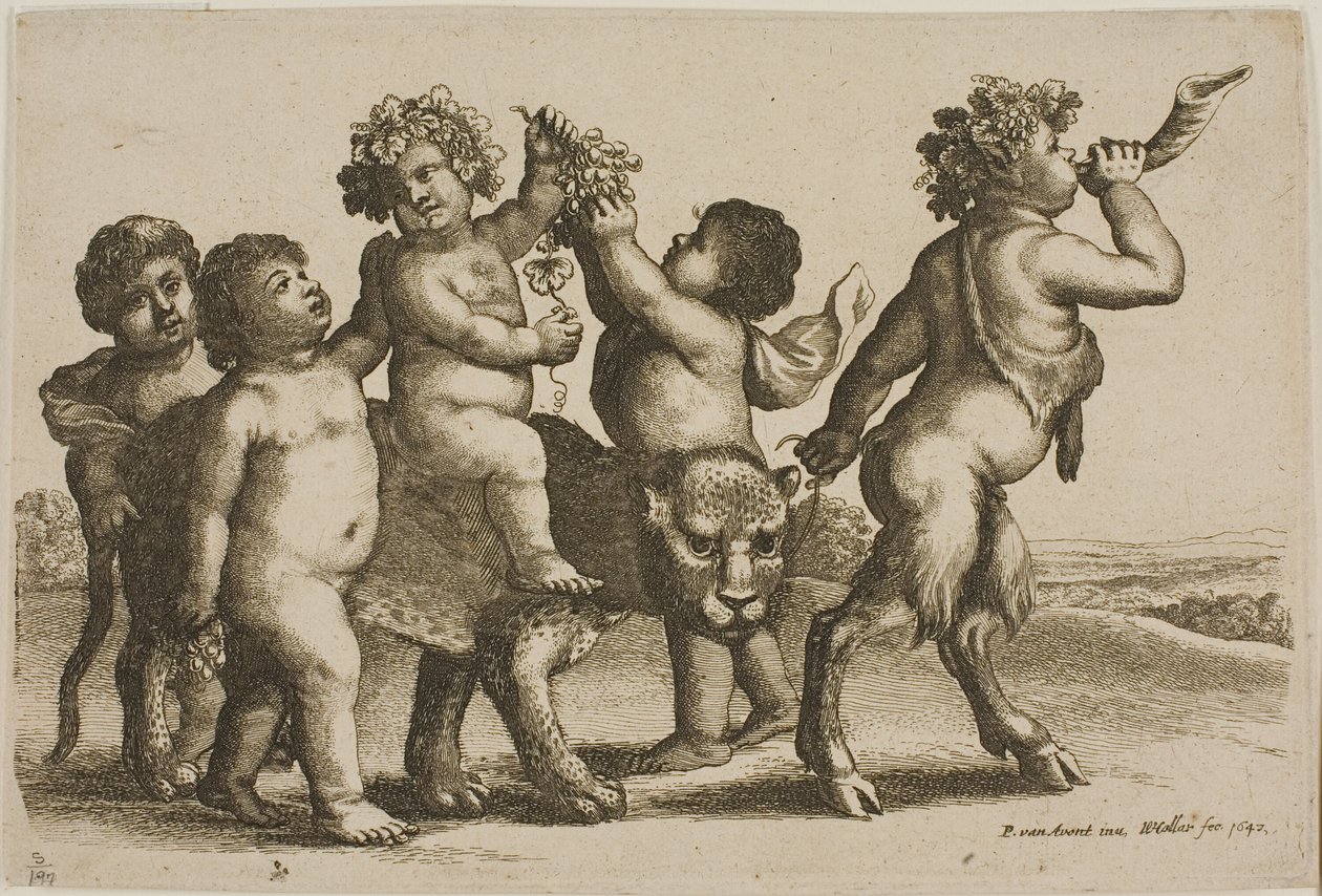 Ung Bacchus rider på en leopard ledet af en satyr, der blæser i et horn af Wenceslaus Hollar