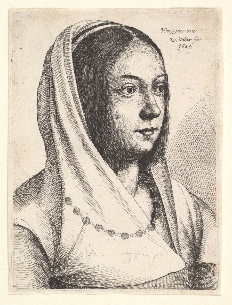 Ung kvinde med et tørklæde på hovedet, efter Bonsignori, 1645. af Wenceslaus Hollar
