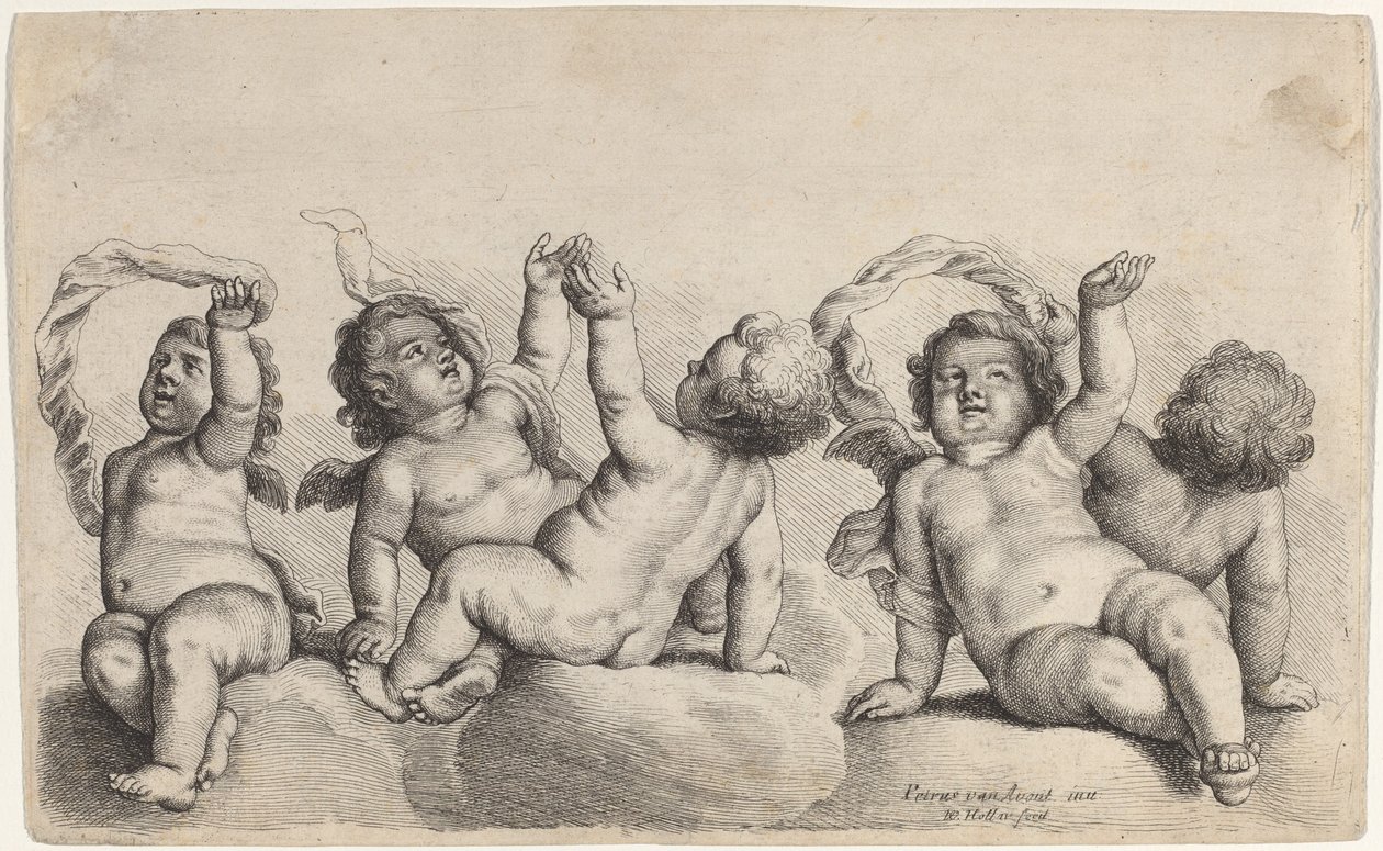 Tre keruber og to drenge løfter hver sin arm på skyer af Wenceslaus Hollar, after Peeter van Avont