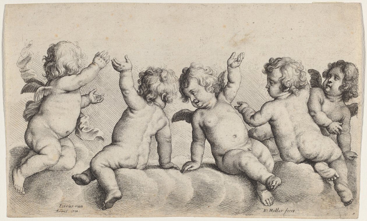 Tre keruber og to drenge på skyer af Wenceslaus Hollar, after Peeter van Avont