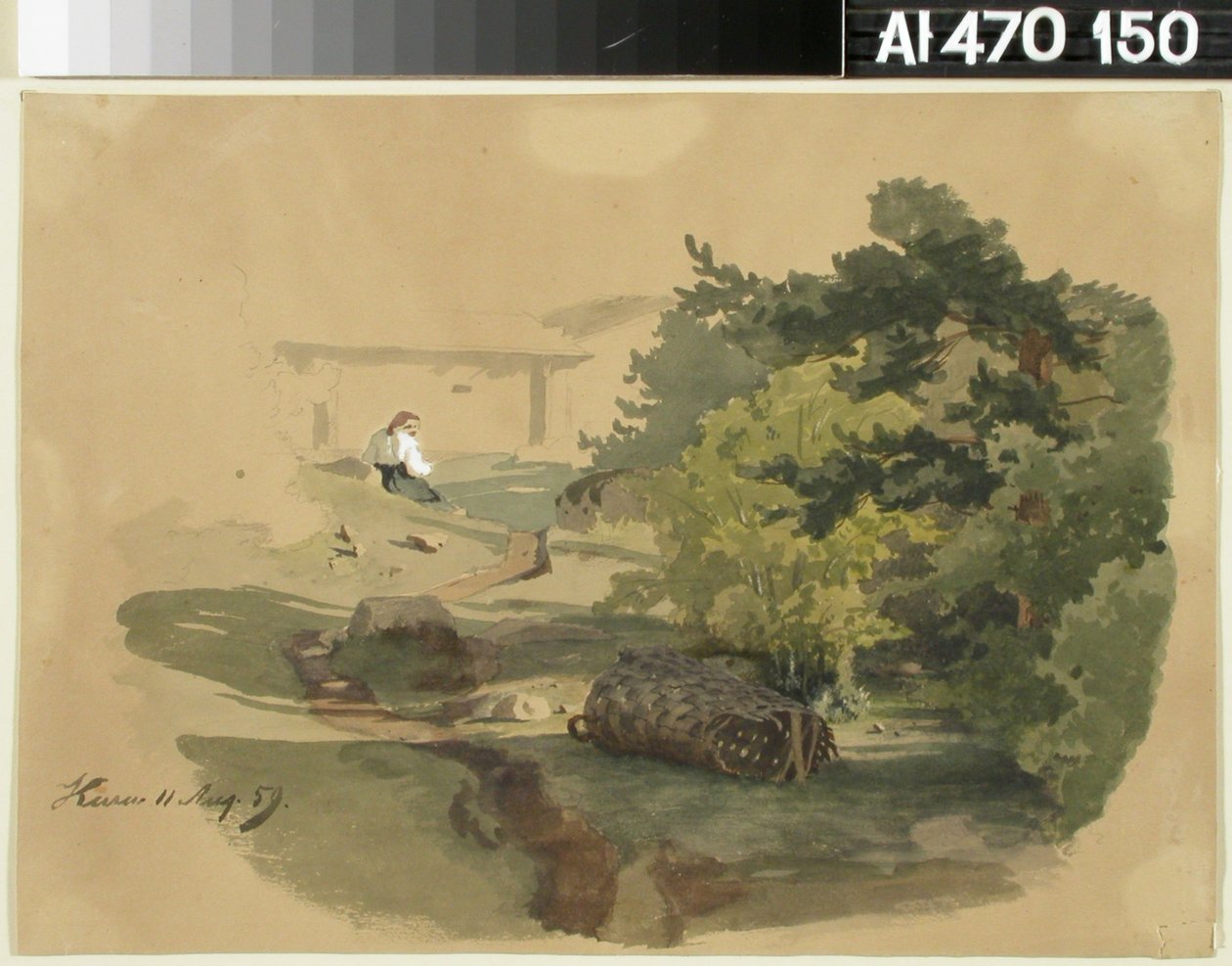 Landschaft mit Schindelkorb und sitzender Frau af Werner Holmberg