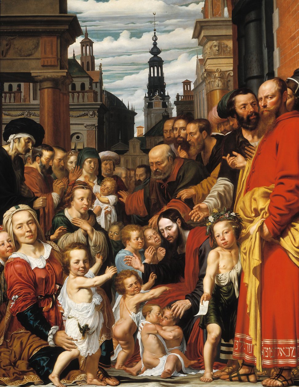 ""Lad de små børn komme til mig"" Jesus byder børnene velkommen - Maleri af Werner Jacobsz van den Valckert (cirka 1585-cirka 1635) 1620 Museum Catharijneconvent, Utrecht Tyskland af Werner Jacobsz van den Valckert