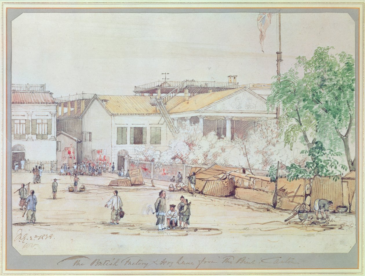 The British Factory on Hog Lane, Canton, 1838 (wc på papir) af Werner Varnham