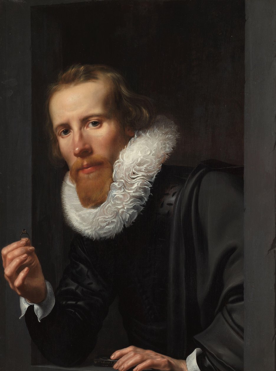 Portræt af en guldsmed, sandsynligvis Bartholomeus Jansz van Assendelft Portræt af en mand med ring og prøvesten, sandsynligvis Bartholomeus Jansz van Assendelft (1585-1658) af Werner van den Valckert (signed by artist)