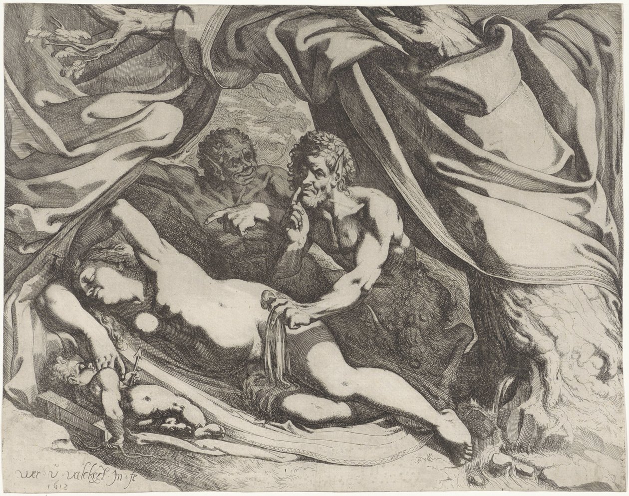 Sovende Venus spioneret af blikke af Werner van den Valckert