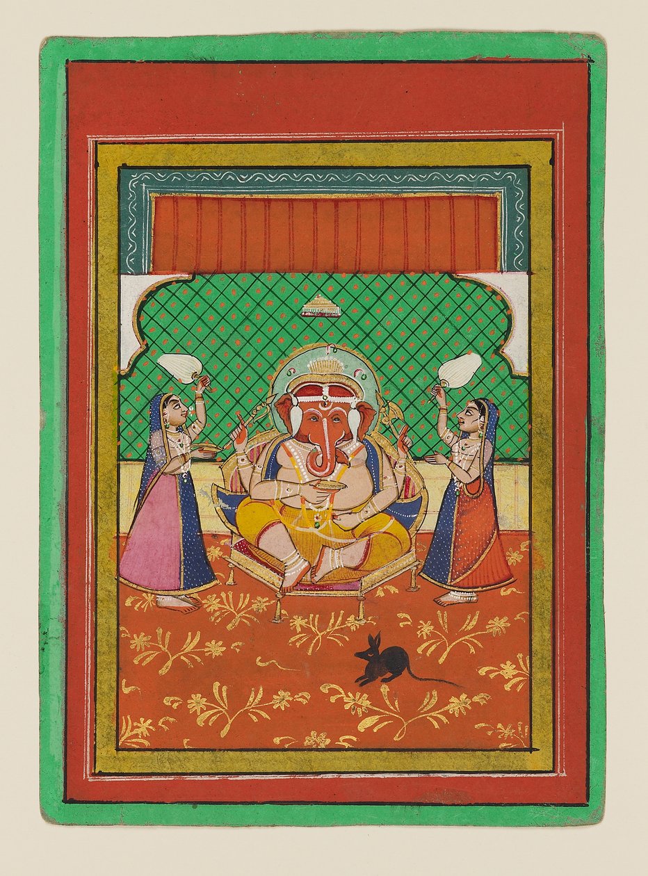 Siddende Ganesha med ledsagere, slutningen af det 19.-begyndelsen af det 20. århundrede (gouache på papir) af West Indian School