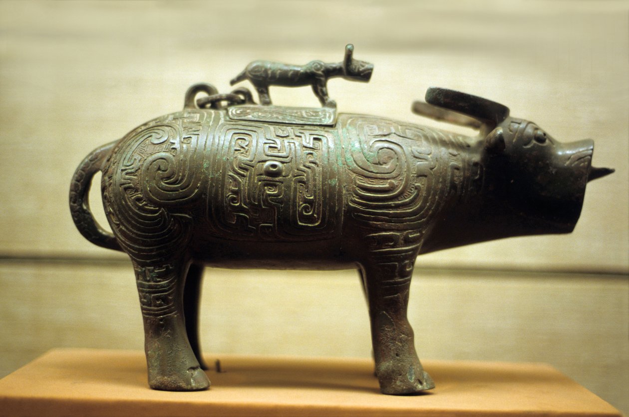 Okseformet vinvase, overvundet af en tiger af Western Zhou Dynasty Chinese School