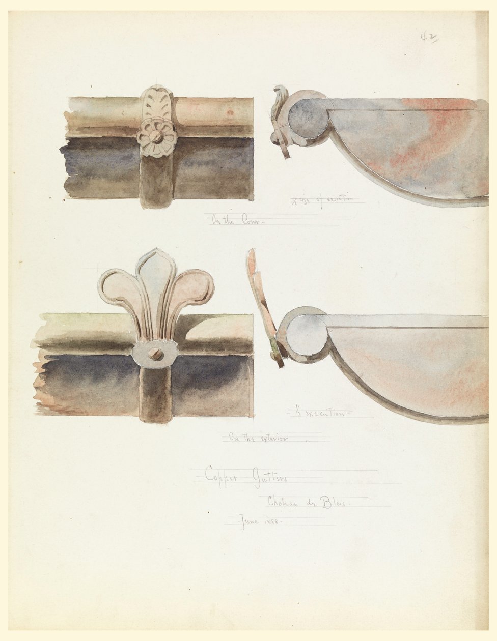 Tegning, to kobberrender, fra et slot fra det 16. århundrede, Blois, Frankrig, juni 1888 af Whitney Warren Jr.