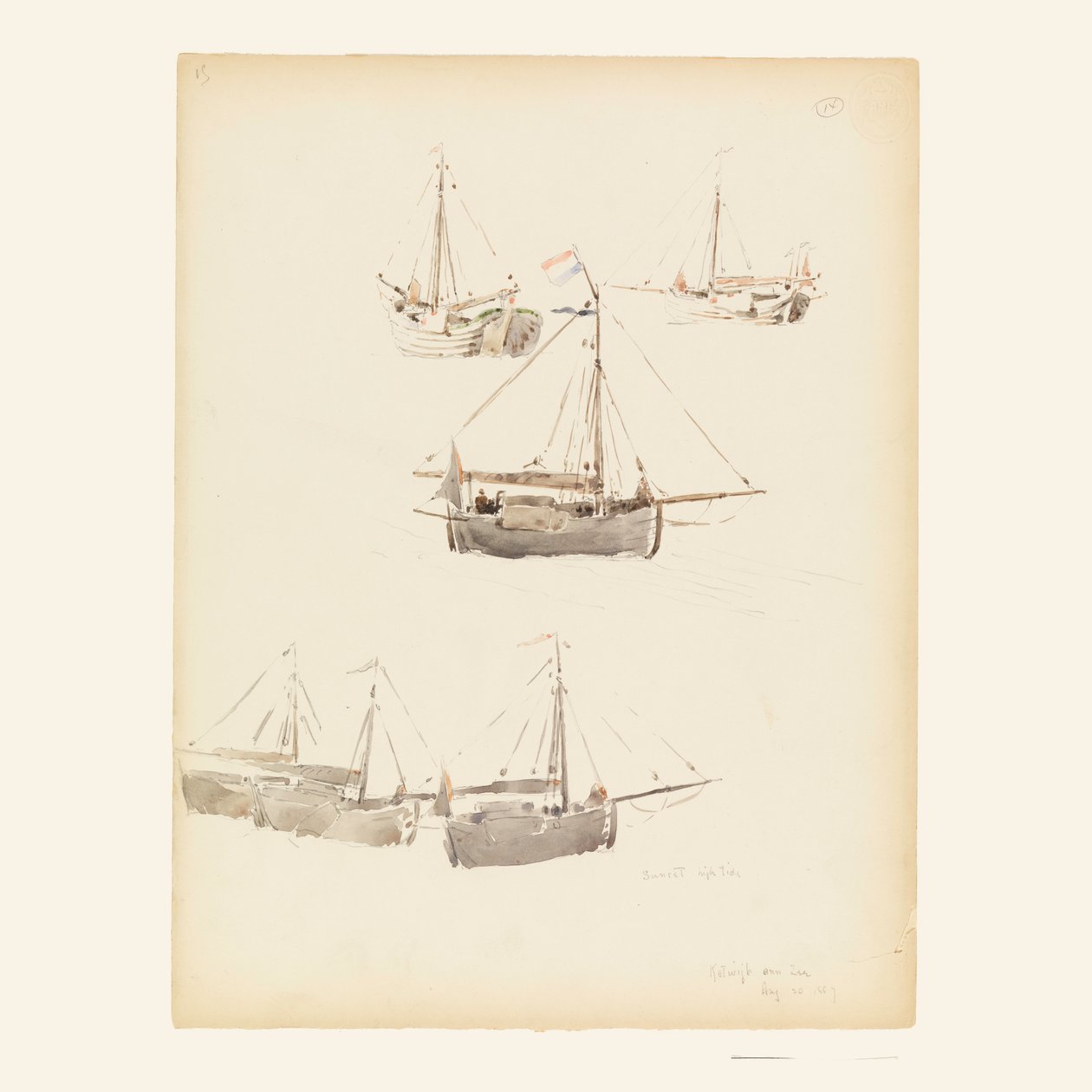 Tegning, hollandske pramme, 20. august 1887 af Whitney Warren Jr.