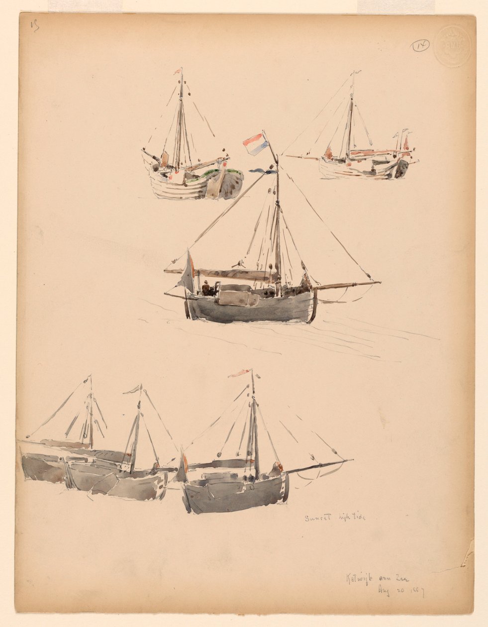 Tegning, hollandske pramme, 20. august 1887 af Whitney Warren Jr.