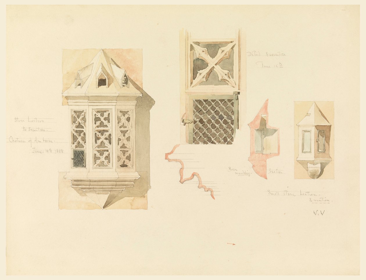 Tegning, gengivelse af to stenlanterner fra slottet i Amboise, Frankrig, 14.-15. juni 1888 af Whitney Warren Jr.