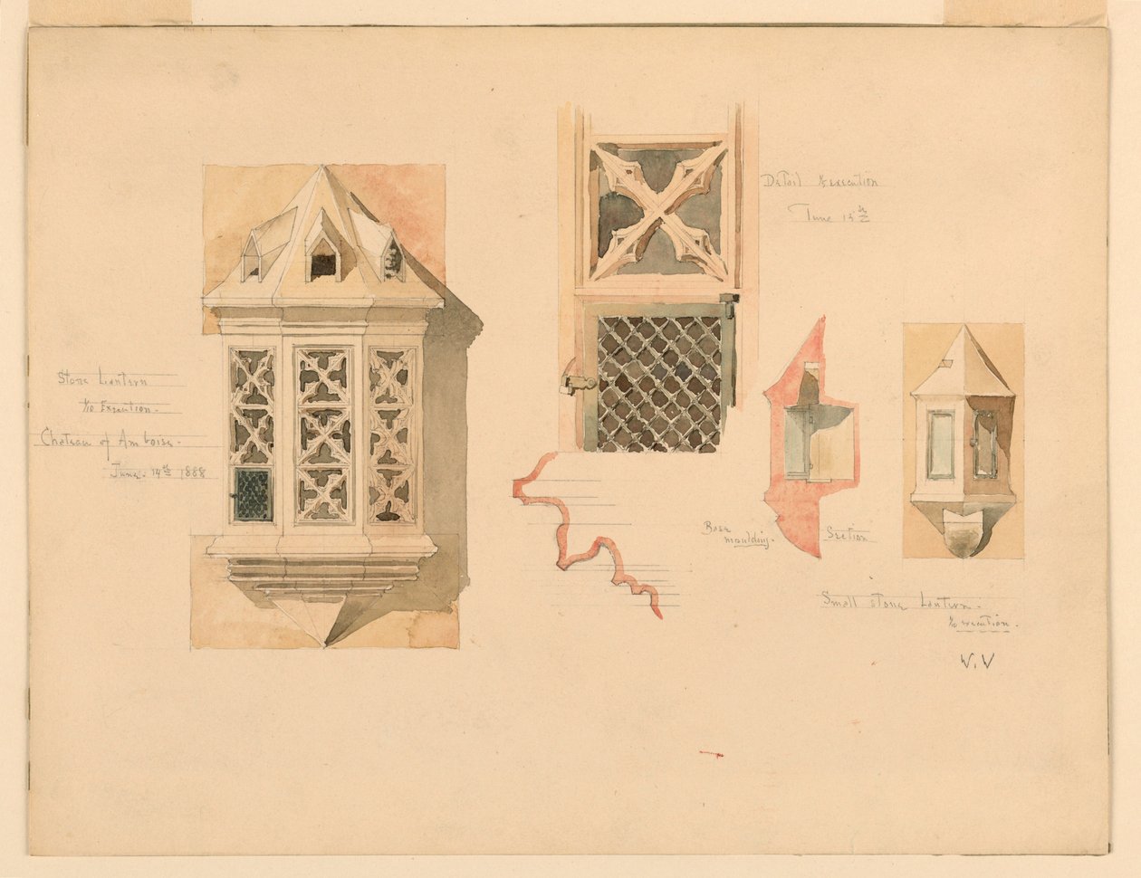 Tegning, gengivelse af to stenlanterner fra slottet i Amboise, Frankrig, 14.-15. juni 1888 af Whitney Warren Jr.
