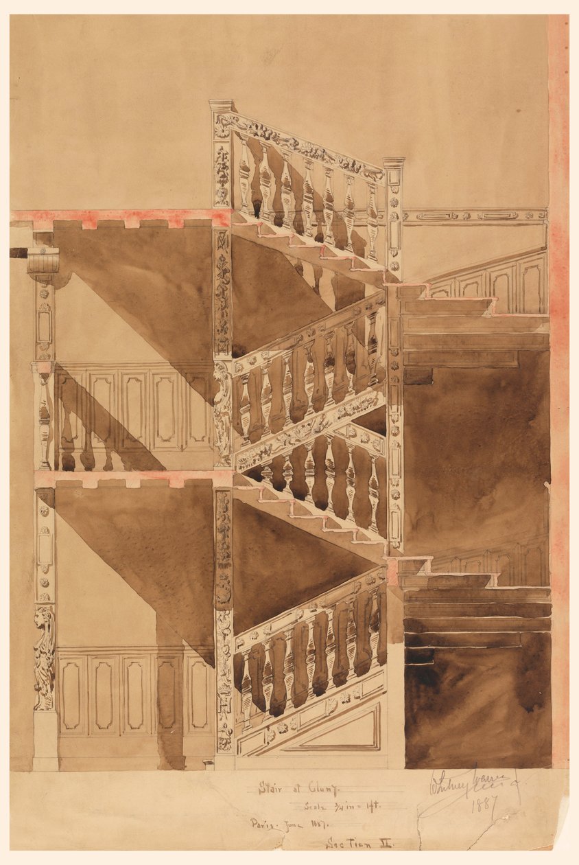 Tegning, trappe i Cluny, Paris, 1887 af Whitney Warren Jr.