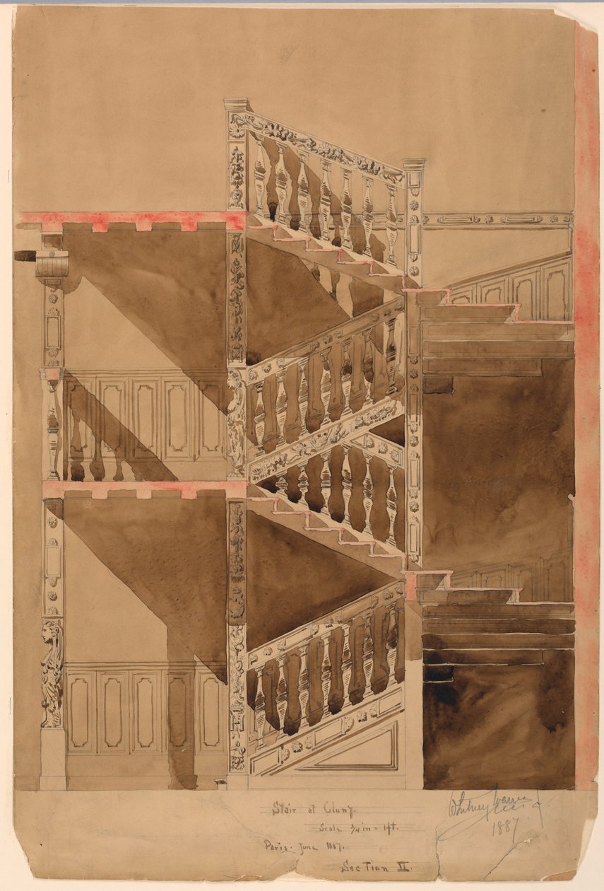 Tegning, trappe i Cluny, Paris, 1887 af Whitney Warren Jr.