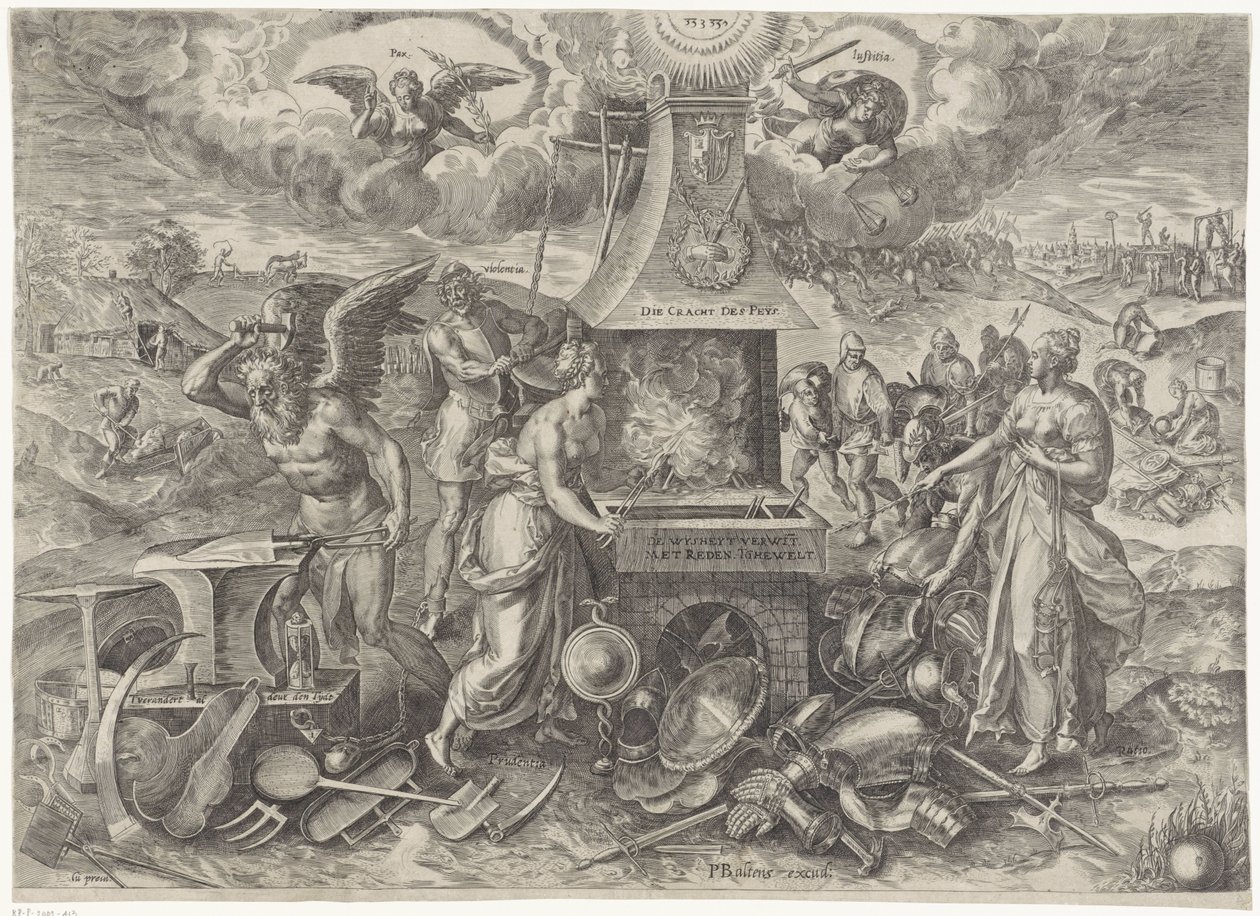 Fredens magt, 1577 Die Cracht des Peys (titel på objekt) Allegorier om den fornyede fredsperiode i Holland (serietitel) af Wierix