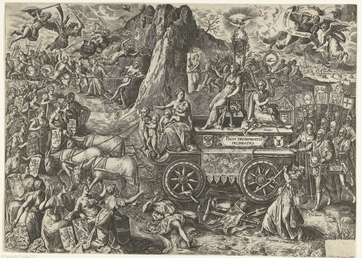 De triumphwagen van de vrede, 1577 Tegning af en triumferende fred (titel på objekt) af Wierix
