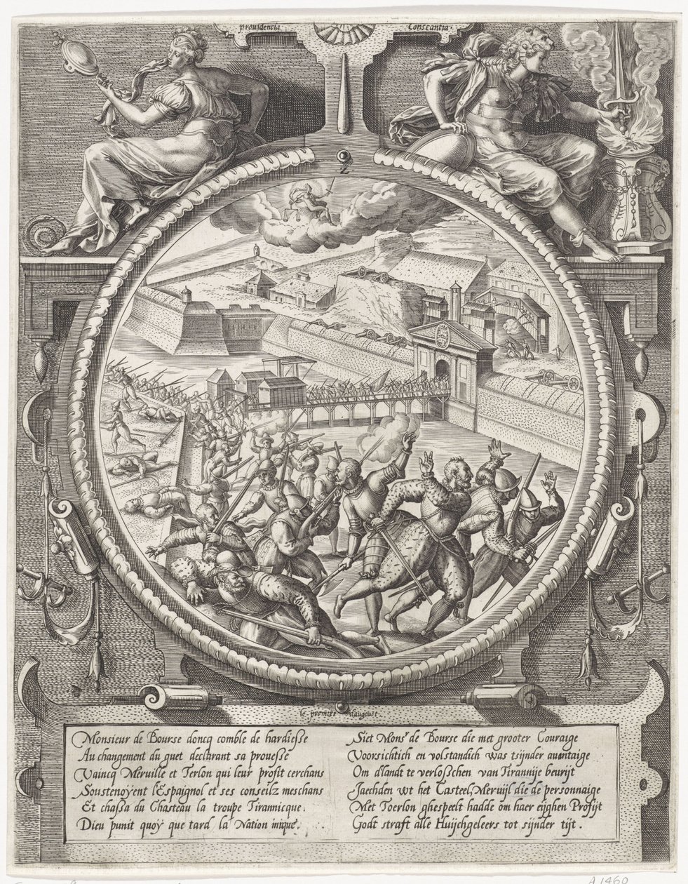 Bourses tropper fordriver de tyske soldater fra Treslong og Merville fra citadellet, 1577 Medaljoner med erobringen af ​​citadellet i Antwerpen i 1577 (serietitel) af Wierix