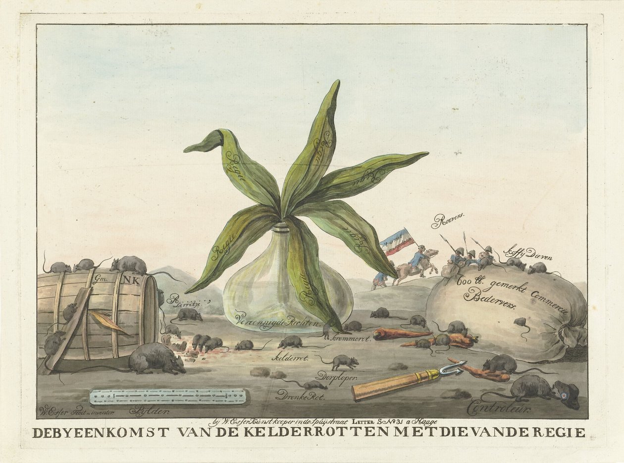 Tegnefilm om franske skikke, 1813-1814 Mødet i kælderen råddent med direktørens møde (titel på objekt) af Wijnand Esser