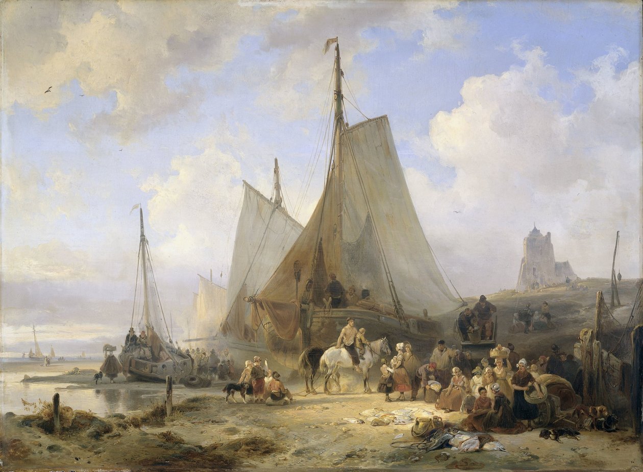 Fiskerbåde på stranden med fiskere og kvinder, der sorterer fangsten af Wijnand Nuijen