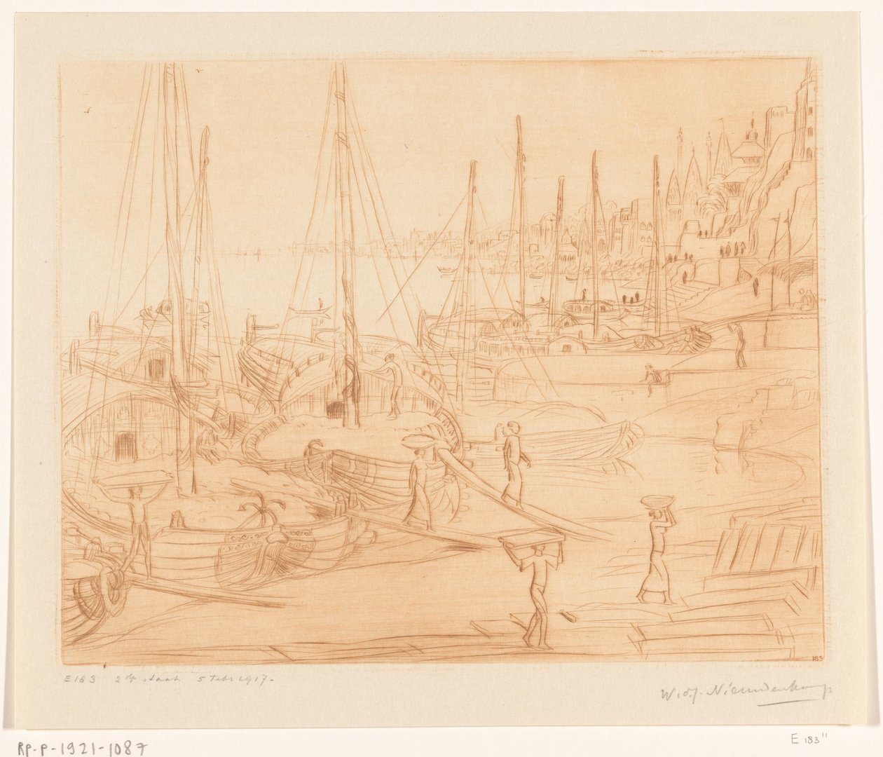 Fortøjede skibe på bredden af ​​Ganges i Benares Ships Losning II (original titel) af Wijnand Otto Jan Nieuwenkamp (signed by artist)
