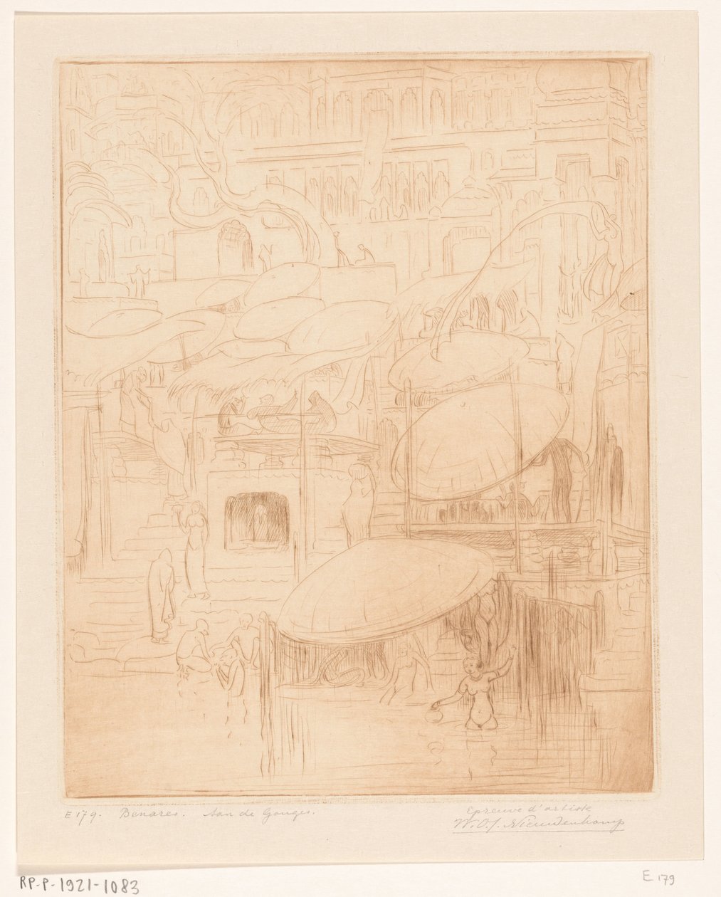 Mænd og kvinder bader og beder på bredden af ​​Ganges i Benares Praying and Praying (original titel) On the Ganges (titel på objekt) af Wijnand Otto Jan Nieuwenkamp (signed by artist)