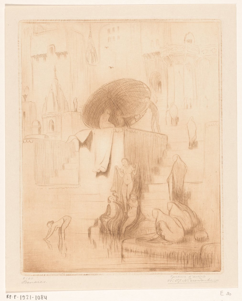 Badende og vaskende kvinder på bredden af ​​Ganges i Benares Benares (original titel) af Wijnand Otto Jan Nieuwenkamp (signed by artist)