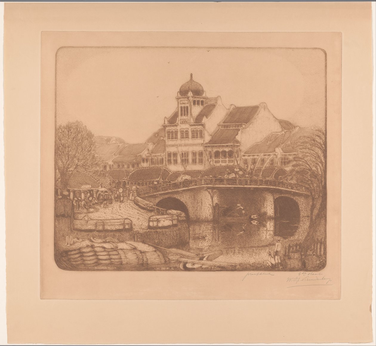 Bro og kontorbygning i Batavia På Kali Besar i Batavia (original titel) af Wijnand Otto Jan Nieuwenkamp (signed by artist)