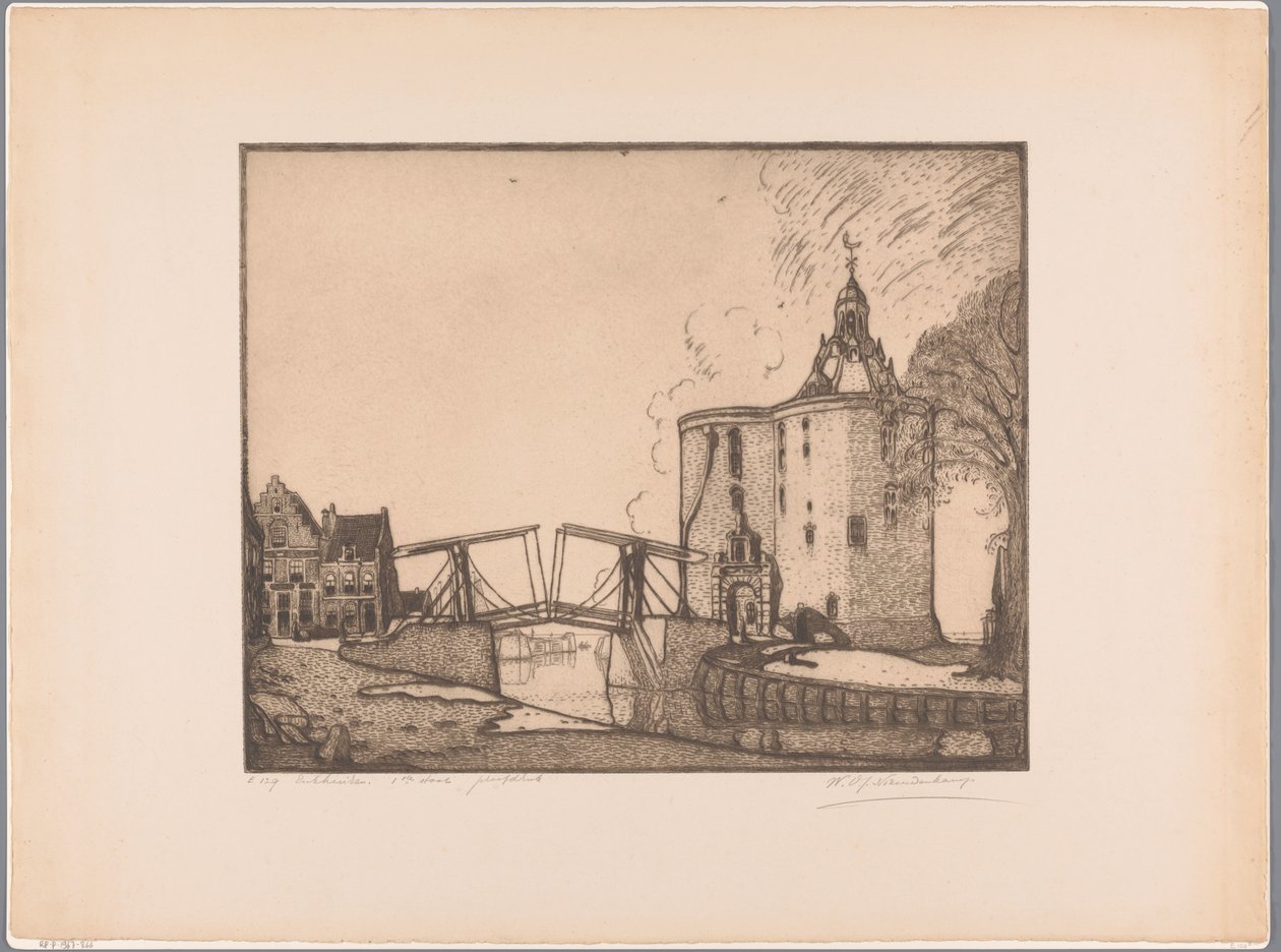 Udsigt over Drommedaris i Enkhuizen Enkhuizen, Dromedaren (original titel på objektet) af Wijnand Otto Jan Nieuwenkamp (signed by artist)