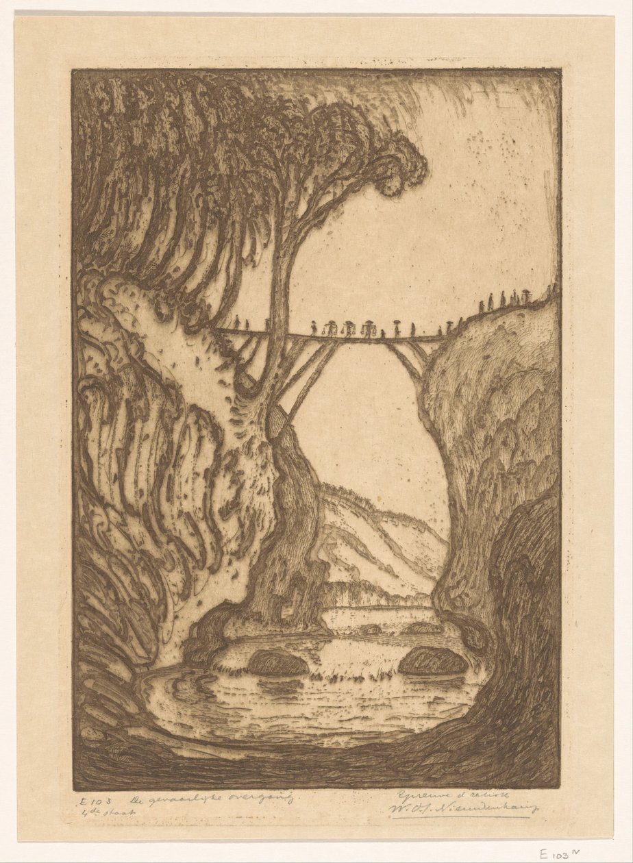 Træbro over en flodkløft på Bali The Dangerous Transition (original titel) af Wijnand Otto Jan Nieuwenkamp (signed by artist)