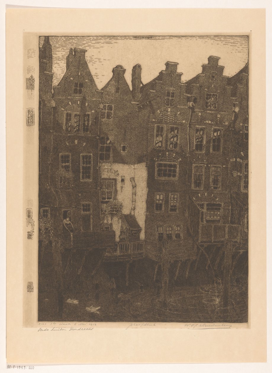 Huse ved Voorstraathaven i Dordrecht Kanalen, Dordrecht (original titel) Gamle huse, Dordrecht (titel på objekt) af Wijnand Otto Jan Nieuwenkamp (signed by artist)