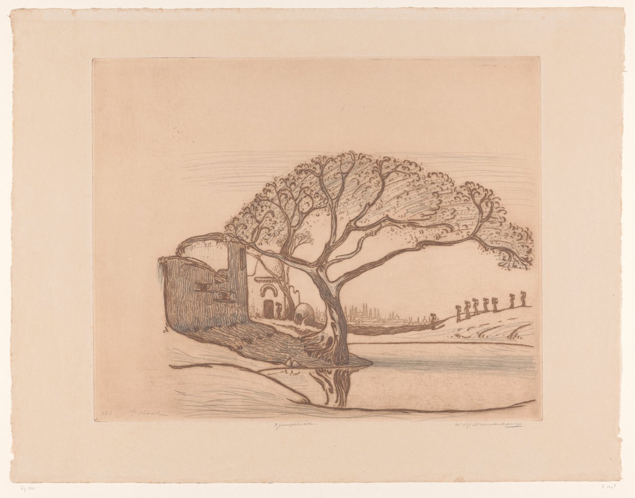 Huse, træ ved dam og kvinder med vandkander på hovedet Nær Cairo (original titel) af Wijnand Otto Jan Nieuwenkamp (signed by artist)