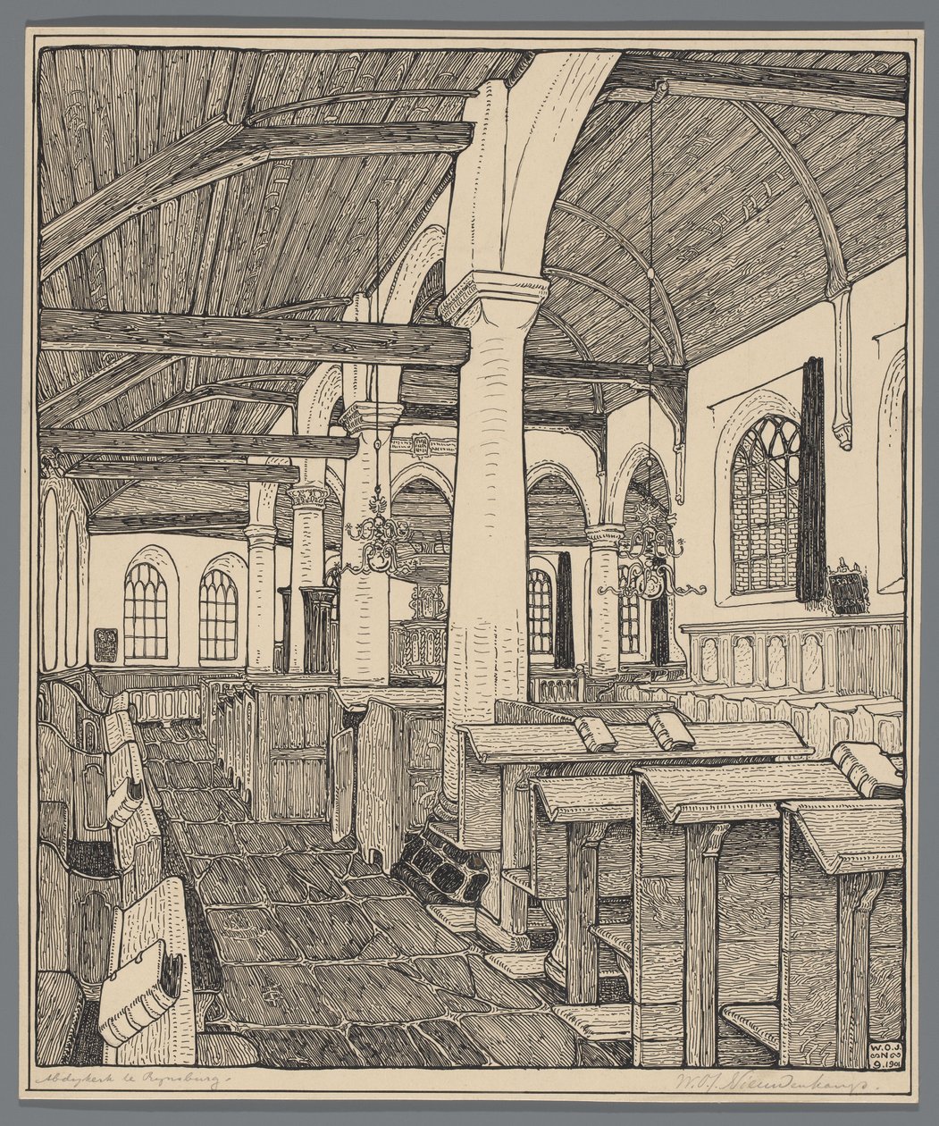 Interiør af klosterkirken i Rijnsburg af Wijnand Otto Jan Nieuwenkamp (signed by artist)