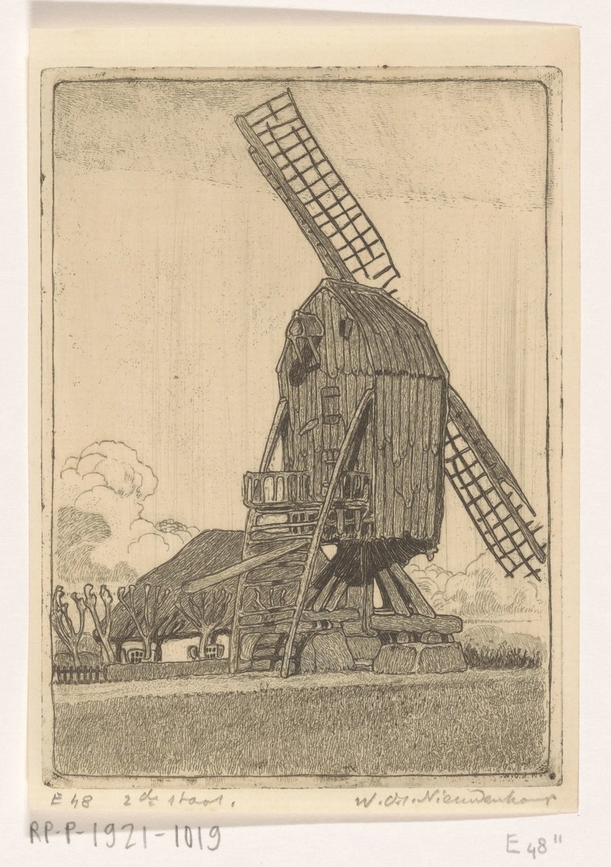 Kornmølle med to vinger ved Bennekom Den gamle mølle (original titel) af Wijnand Otto Jan Nieuwenkamp (signed by artist)