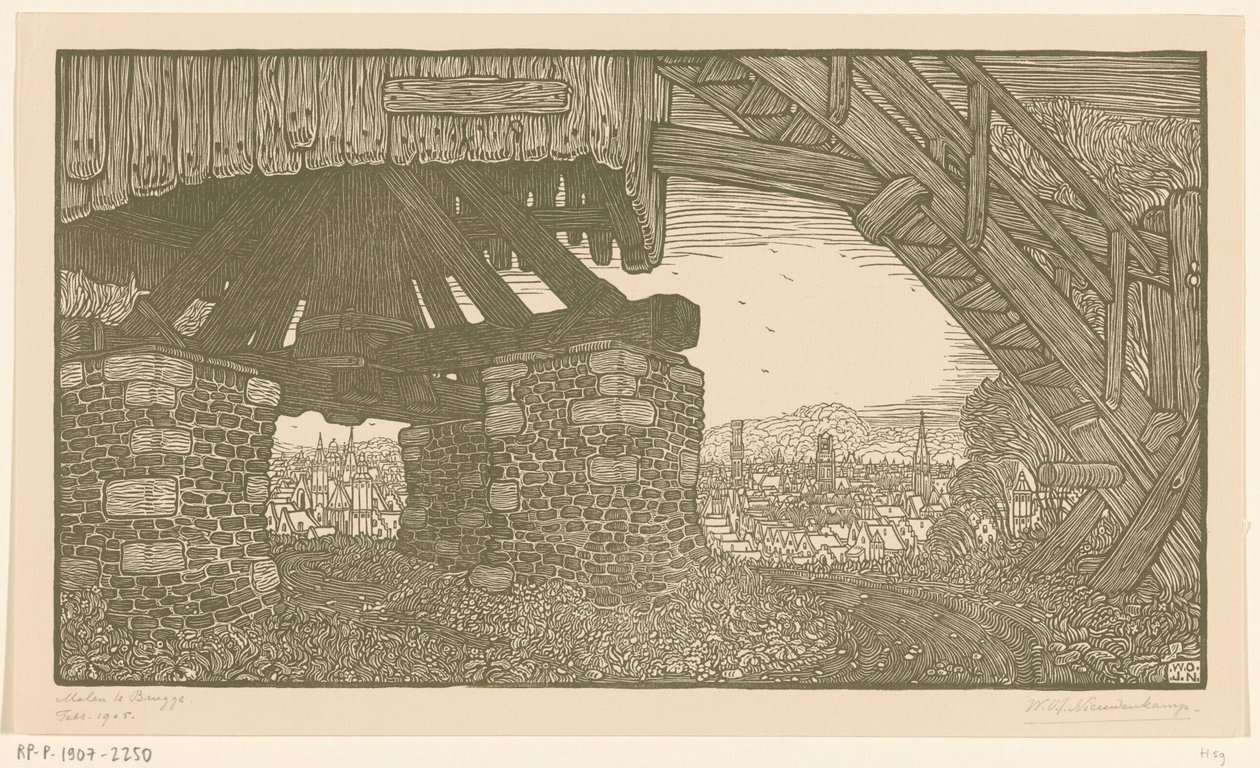 Nederste del af en melmølle i Brugge Vindmølle i Brugge (original titel) af Wijnand Otto Jan Nieuwenkamp (signed by artist)