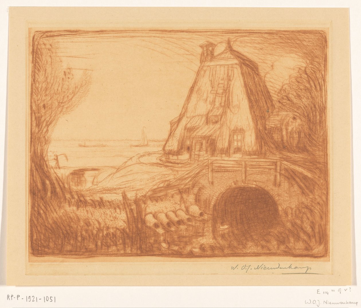 Nederste del af en vandmølle nær Gouda Den gamle vandmølle (original titel) af Wijnand Otto Jan Nieuwenkamp (signed by artist)