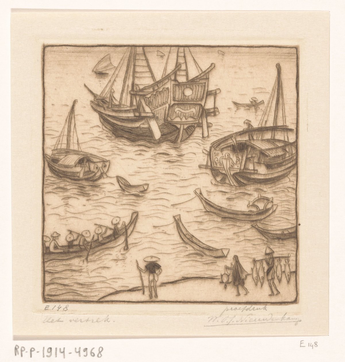 Skibe i en bugt på østkysten af ​​Lombok The Departure, Lombok (original titel) af Wijnand Otto Jan Nieuwenkamp (signed by artist)