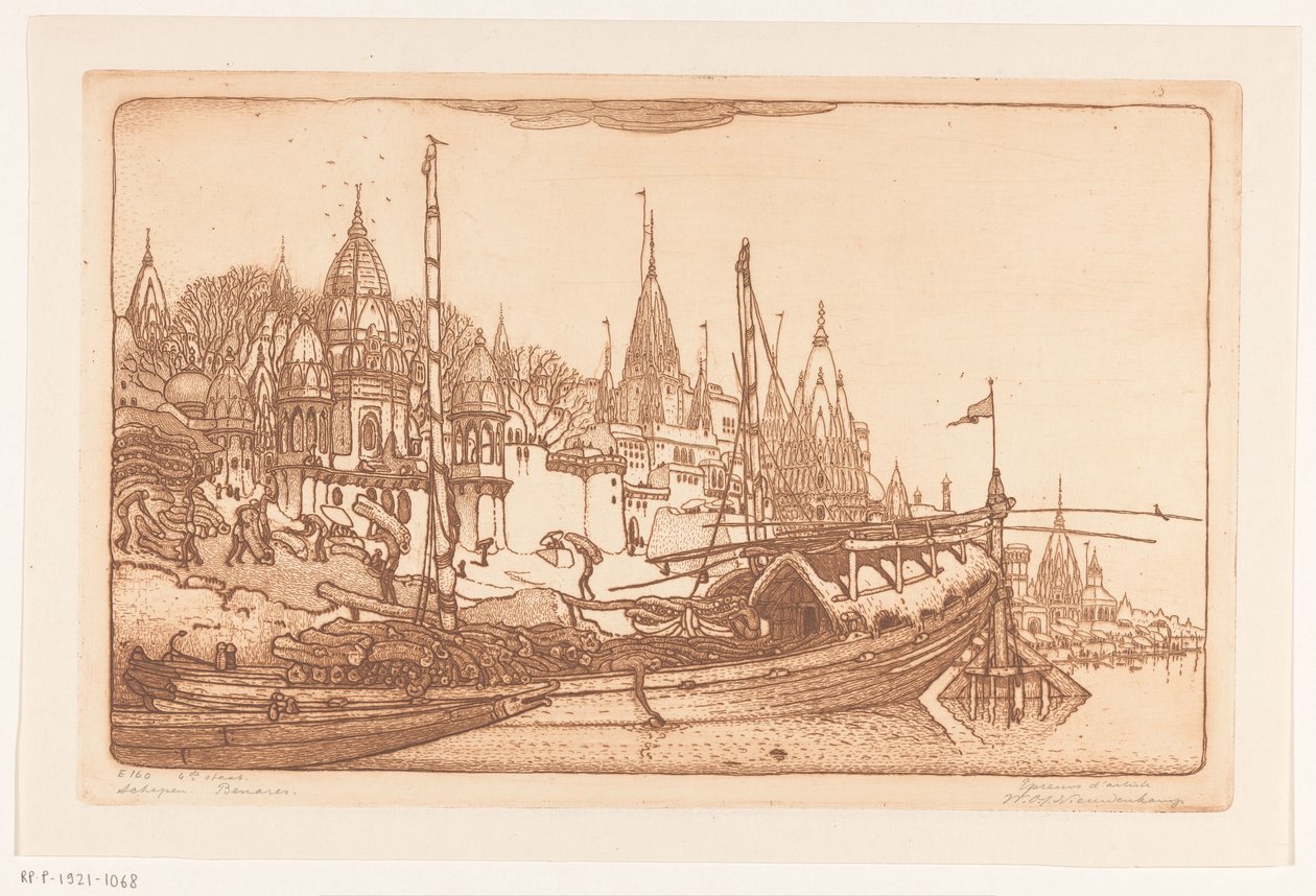 Skib med brænde på bredden af ​​Ganges i Benares Skib med brænde, Benares (original titel) Skibe, Benares (titel på objekt) af Wijnand Otto Jan Nieuwenkamp (signed by artist)