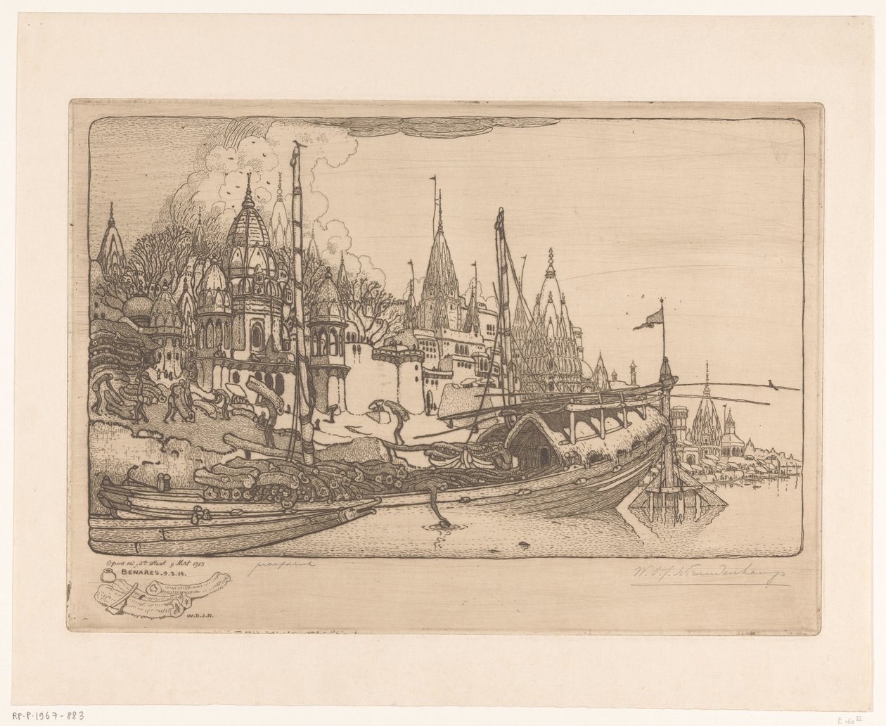 Skib med brænde på bredden af ​​Ganges i Benares Skib med brænde, Benares (original titel) af Wijnand Otto Jan Nieuwenkamp (signed by artist)