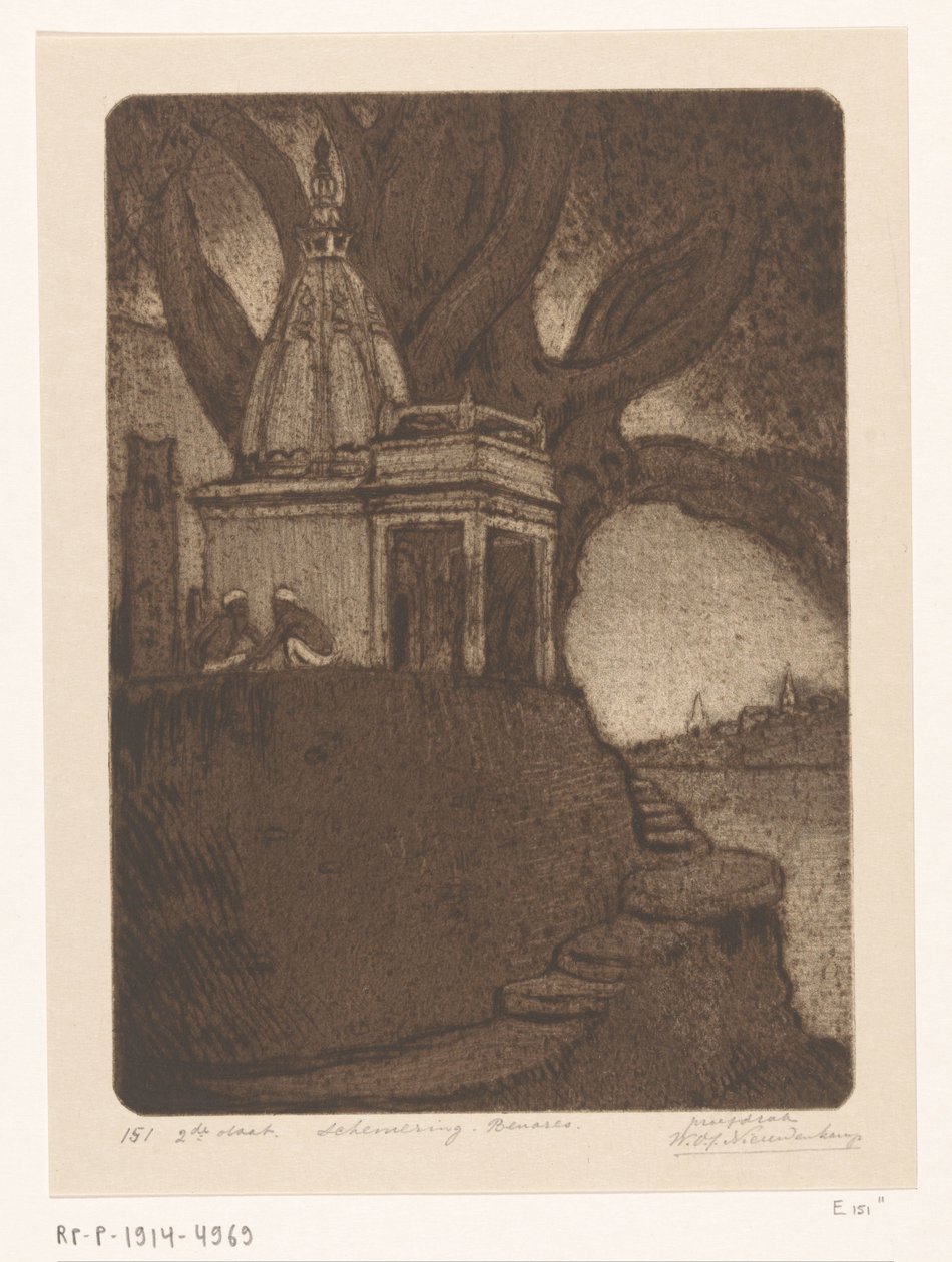 Templet i Benares om natten Sunset, Benares (original titel) af Wijnand Otto Jan Nieuwenkamp (signed by artist)