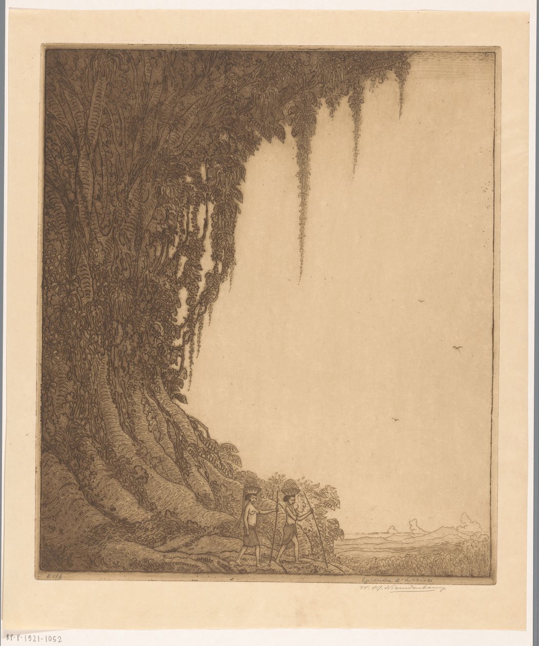 To kvinder med en skål frugt på hovedet på Bali The Fruit Bearer (original titel) af Wijnand Otto Jan Nieuwenkamp (signed by artist)