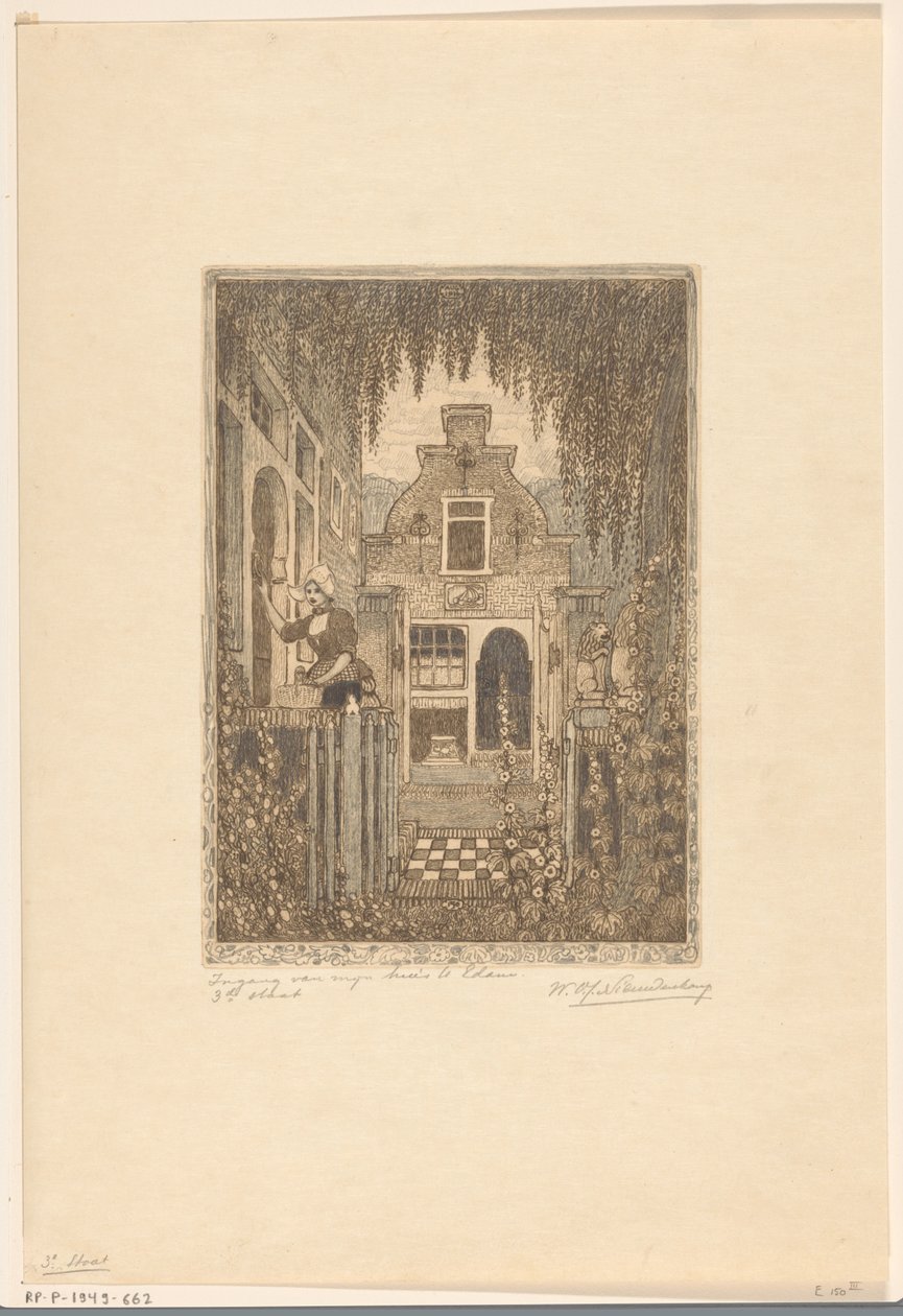 Kvinde i traditionel kjole banker på en hoveddør i Edam Ved hoveddøren (original titel) Indgang til mit hus i Edam (titel på objekt) af Wijnand Otto Jan Nieuwenkamp (signed by artist)