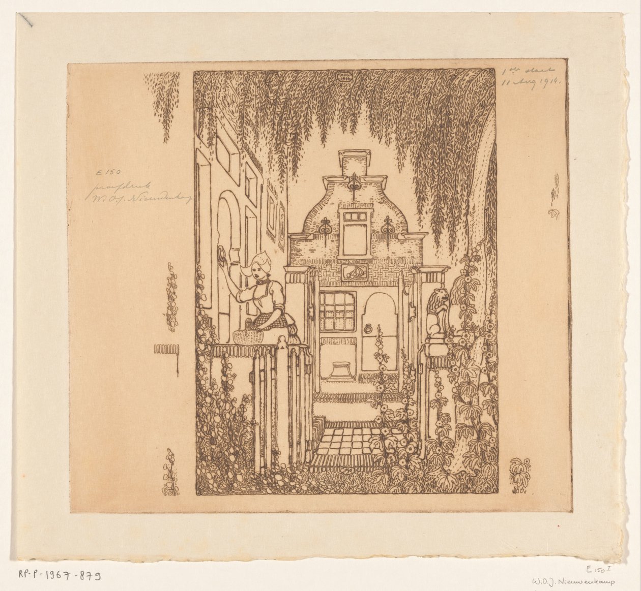 Kvinde i traditionel kjole banker på en hoveddør i Edam Ved hoveddøren (original titel) af Wijnand Otto Jan Nieuwenkamp (signed by artist)