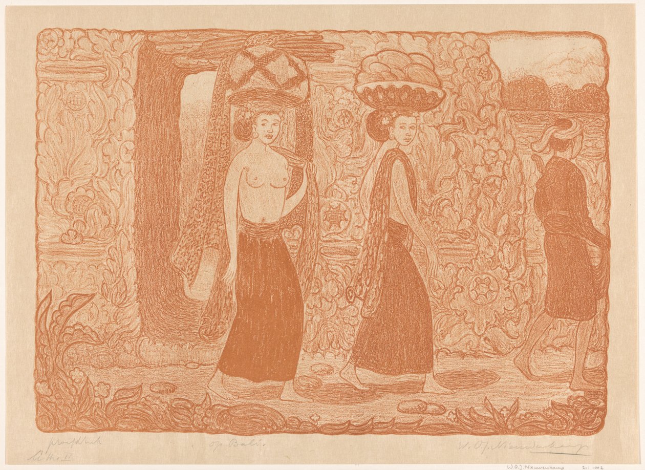 Kvinder bærer genstande på hovedet ved et tempel på Bali I et tempel, Bali (original titel) På Bali (titel på objekt) af Wijnand Otto Jan Nieuwenkamp (signed by artist)