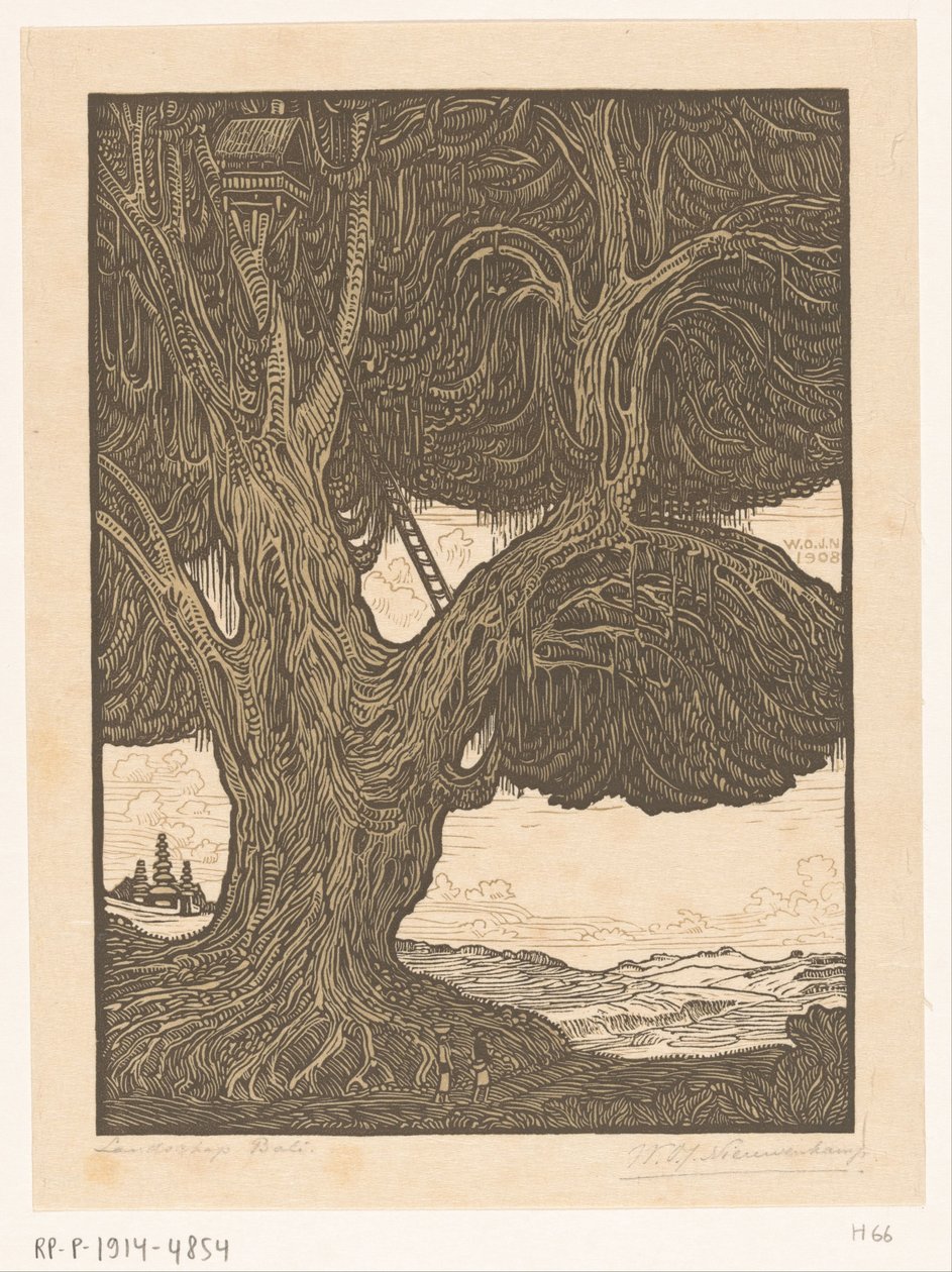 Waringin med træhus i det sydlige Bali Sentry Box, South Bali (original titel) Landskab Bali (titel på objekt) af Wijnand Otto Jan Nieuwenkamp (signed by artist)