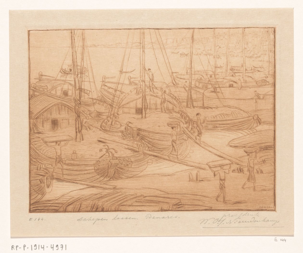 Fortøjede skibe på bredden af ​​Ganges i Benares Lossning af skibe (original titel) af Wijnand Otto Jan Nieuwenkamp