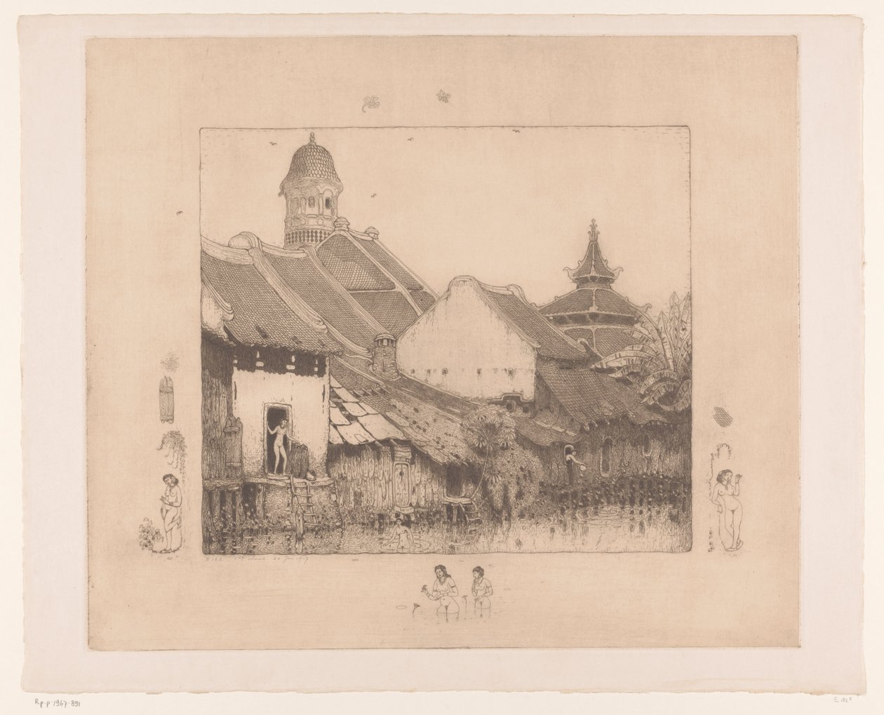 Huse og badegæster i Semarang I Kampong. Semarang (original titel) af Wijnand Otto Jan Nieuwenkamp